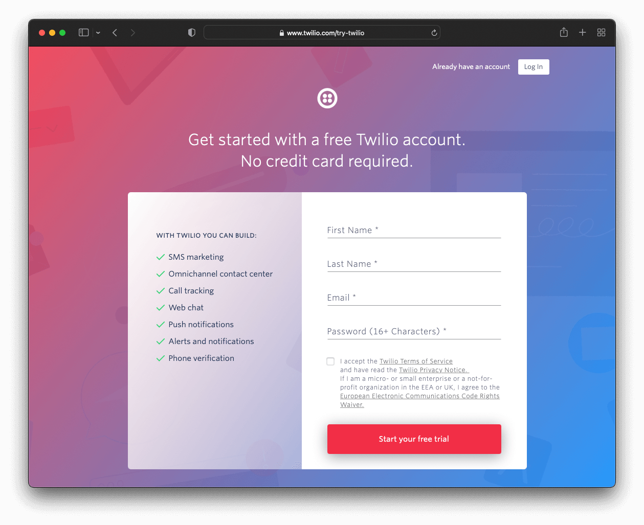 Try Twilio sign-up form