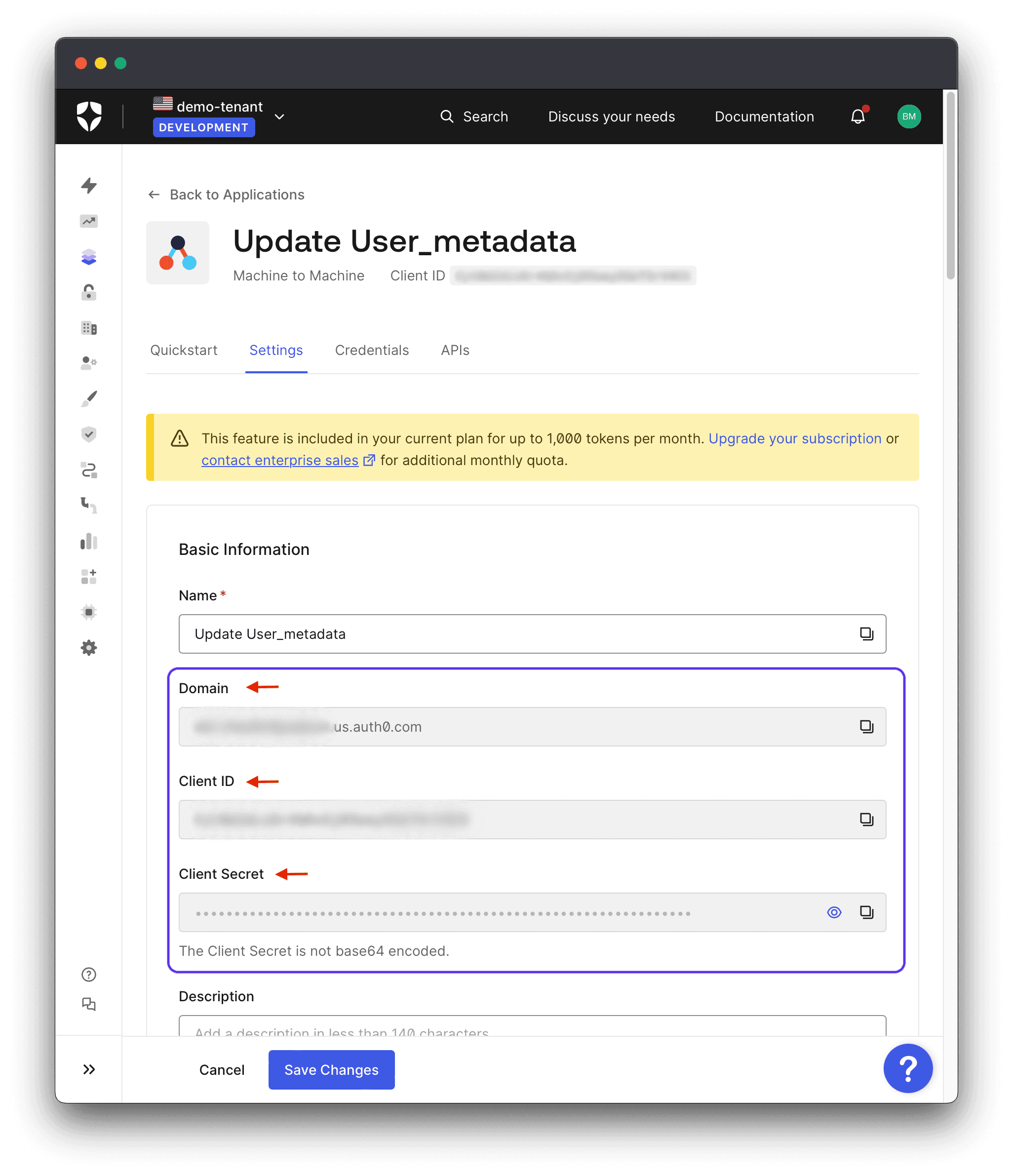 Auth0 M2M application settings