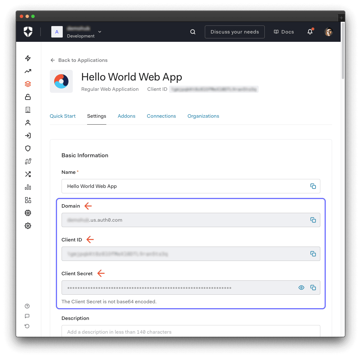 Auth0 application settings to enable user authentication