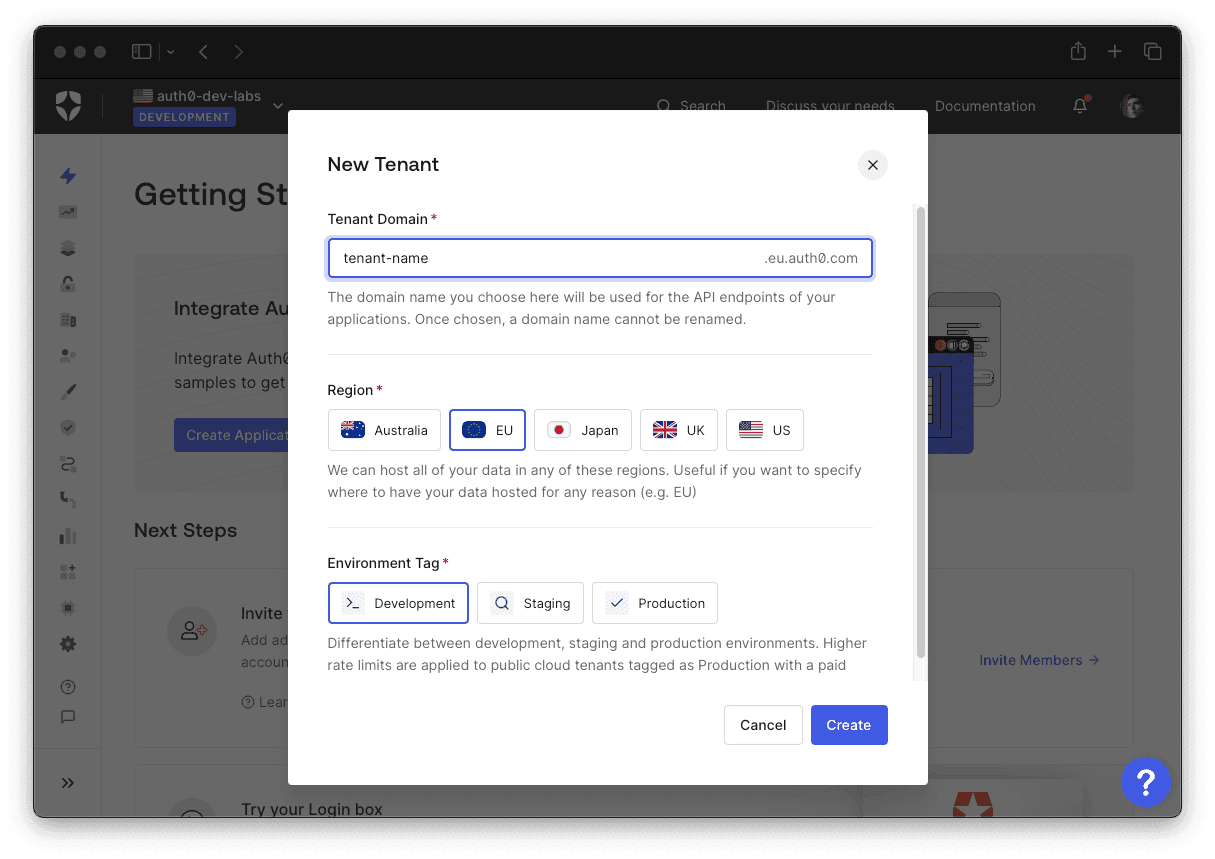 New tenant wizard asking data to create an Auth0 tenant