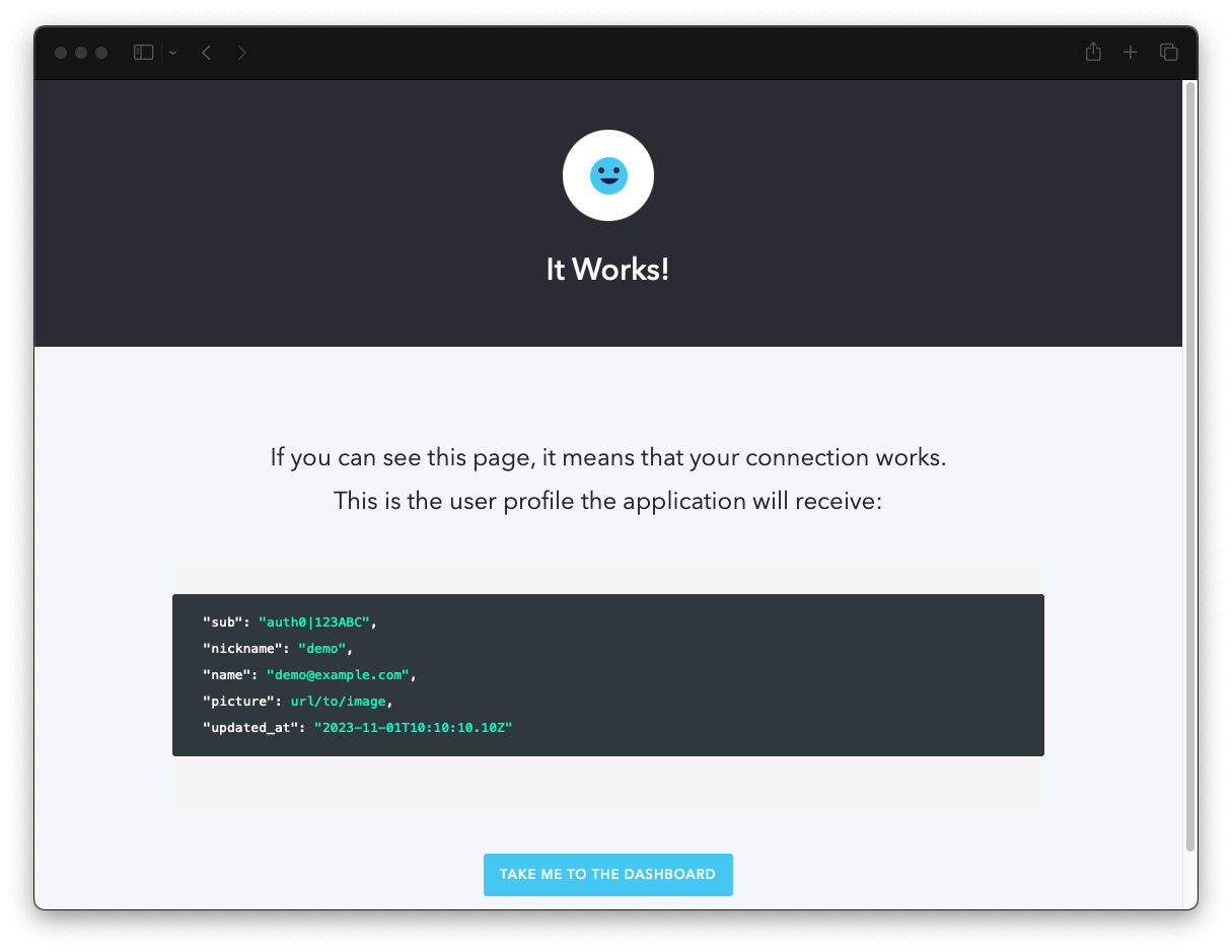 A confirmation page with a smiling emoji that signals that you have successfully logged in to the Auth0 Universal Login page testing widget.