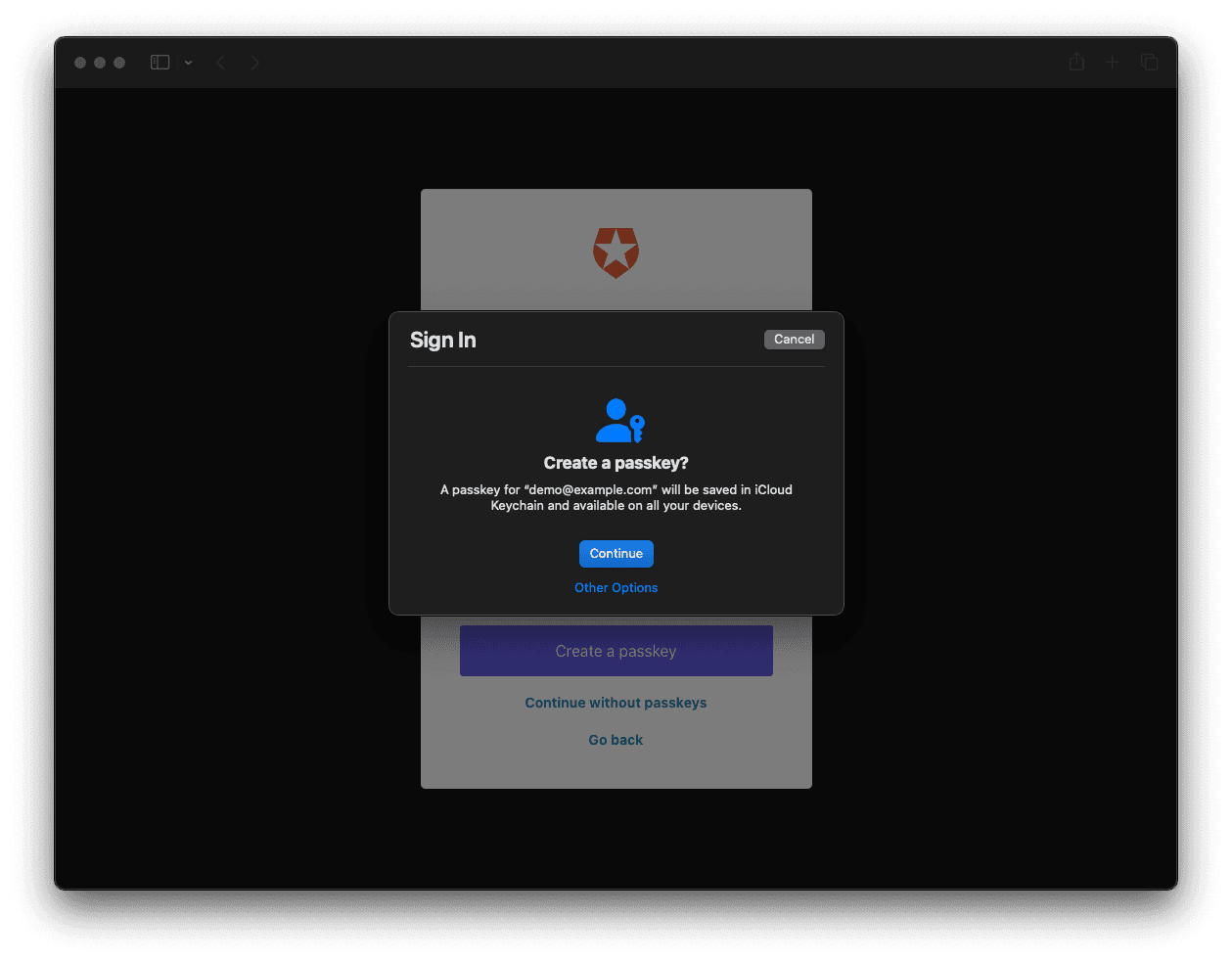 A pop-up from macOS Safari, giving you the option to create a passkey is using an iCloud account.