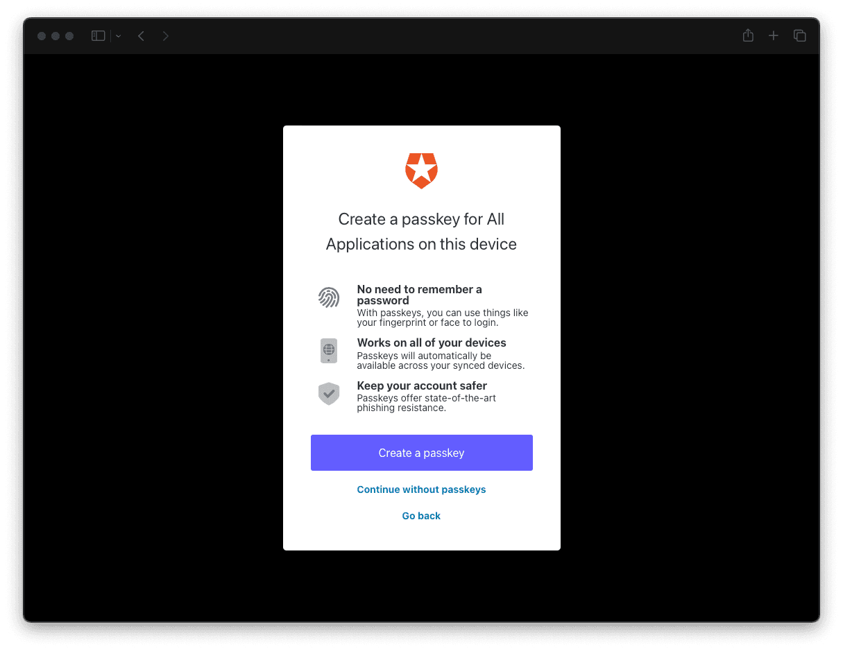 A form modal giving you information on how a passkey works and the option to create a passkey