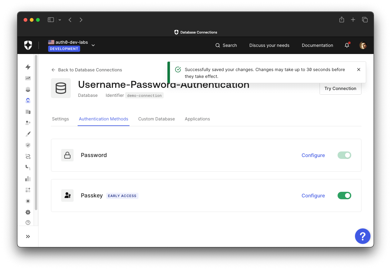 A web page that shows a confirmation message that passkey is enabled for a connection in the Auth0 Dashboard.