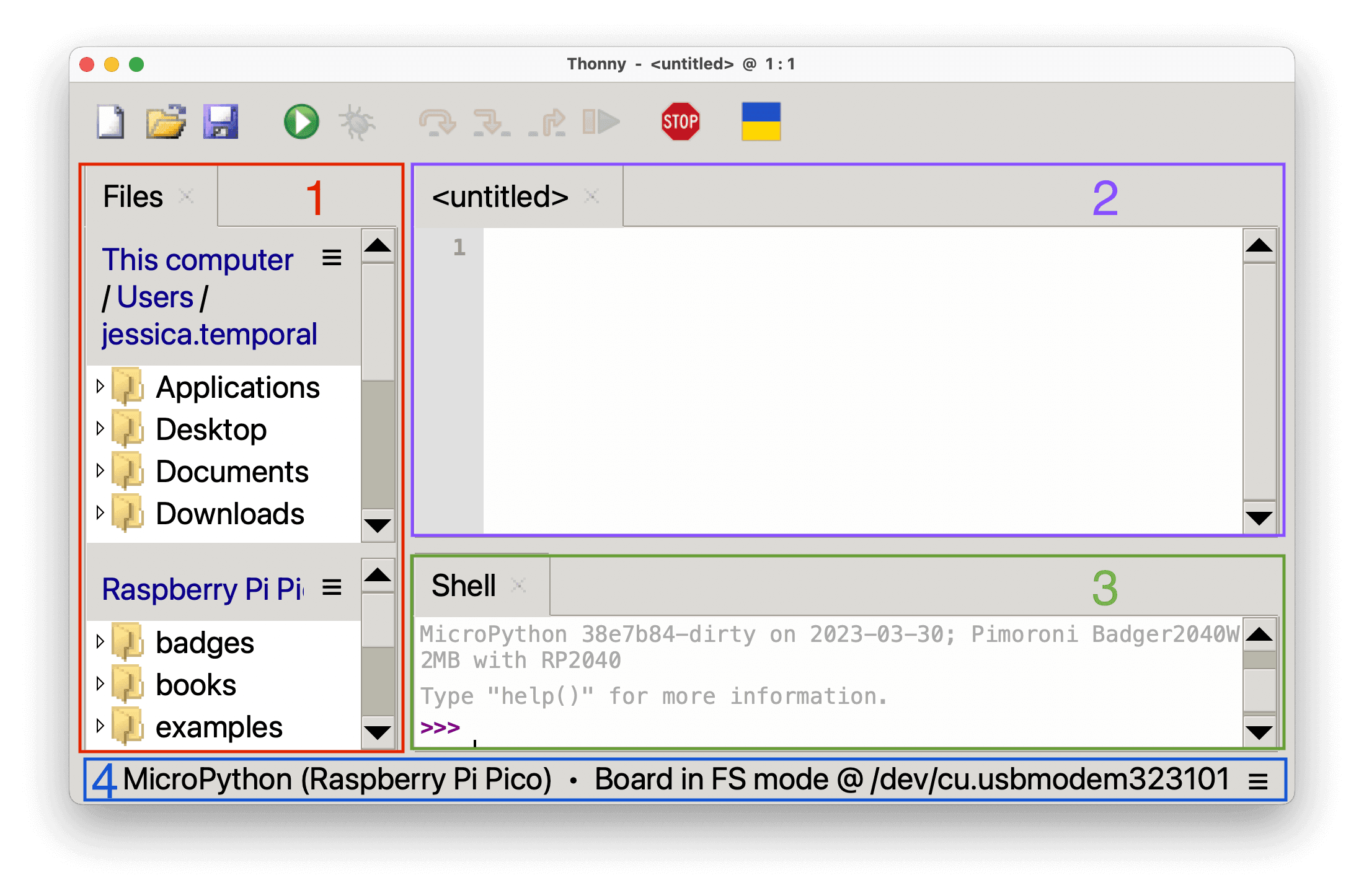 Thonny IDE with all the panes identified by numbers