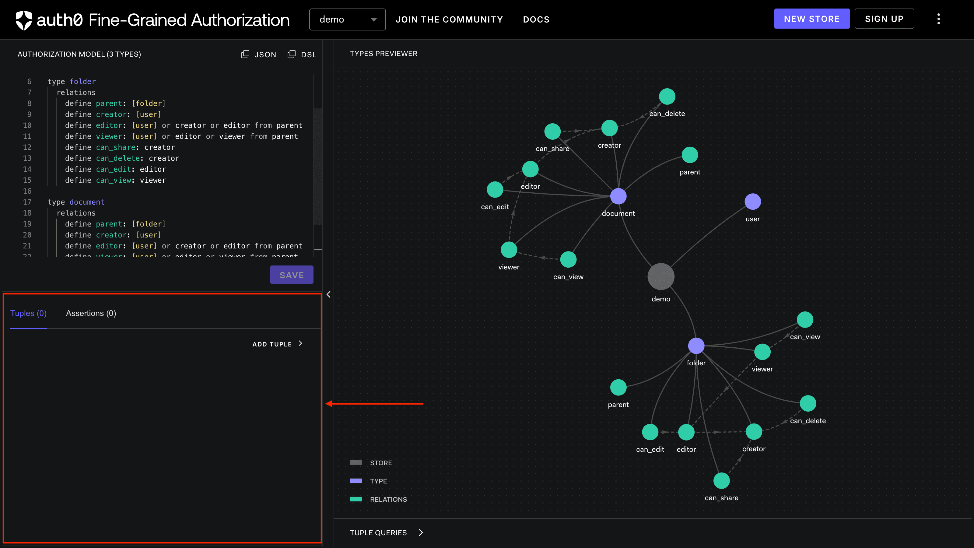 Image showing the FGA Playground relationship tuples panel