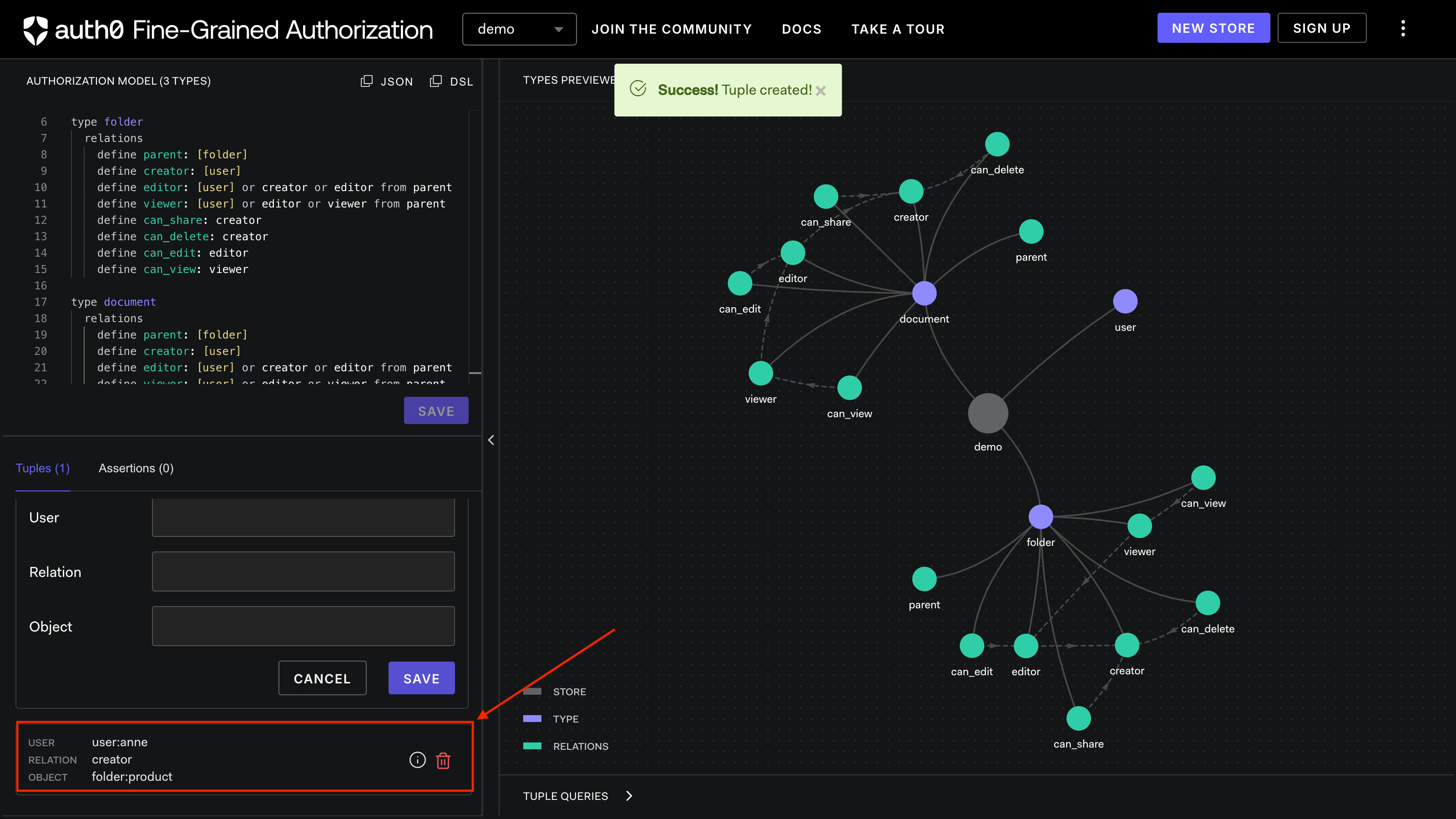 Image showing the FGA Playground relationship tuples added