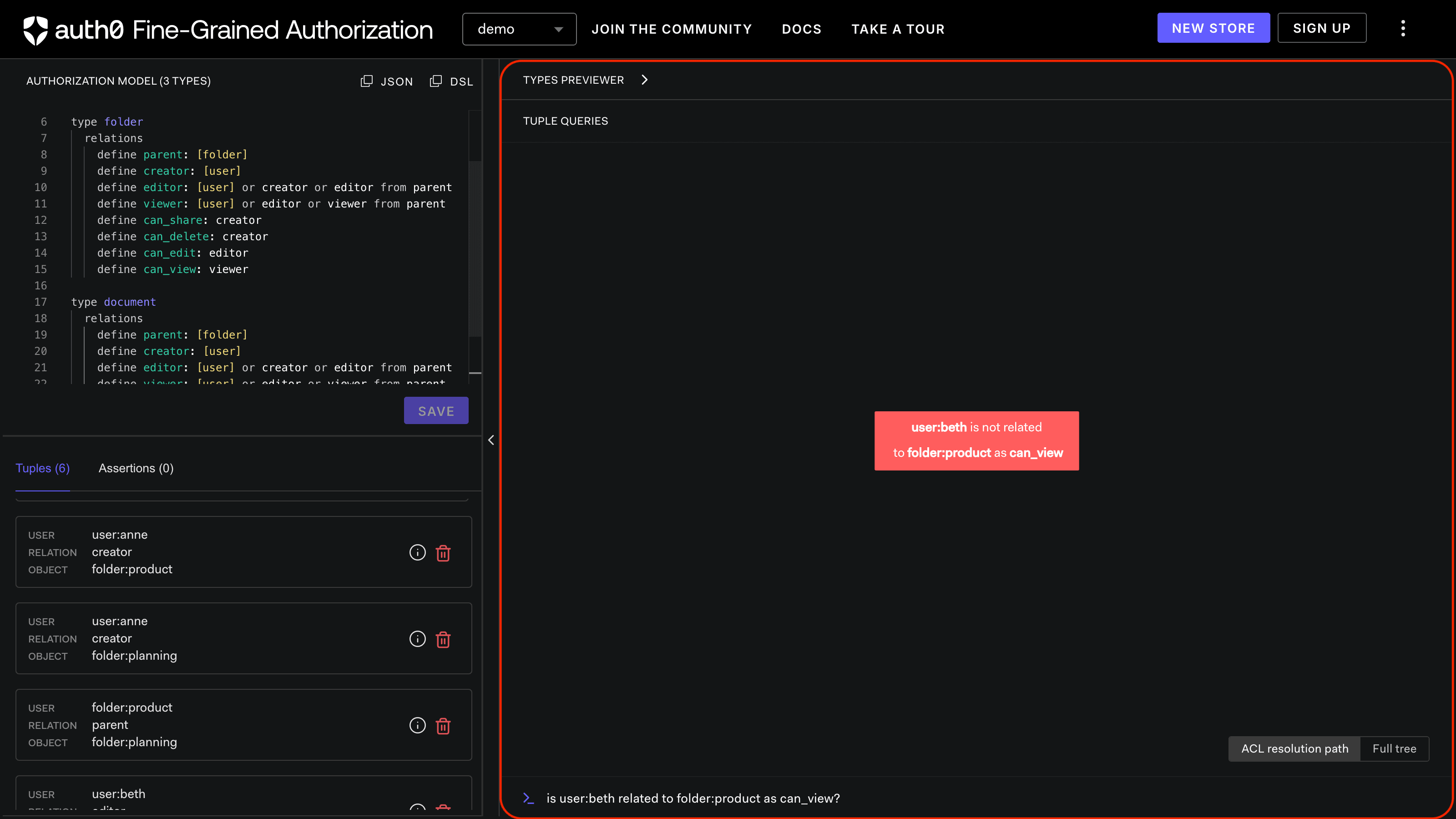 Image showing the FGA Playground unsuccessful query