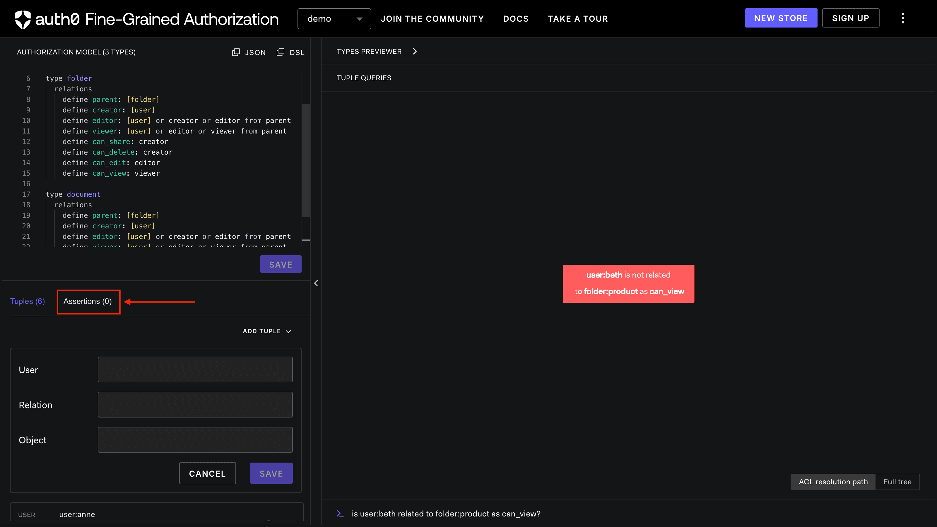 Image showing the FGA Playground assertions tab