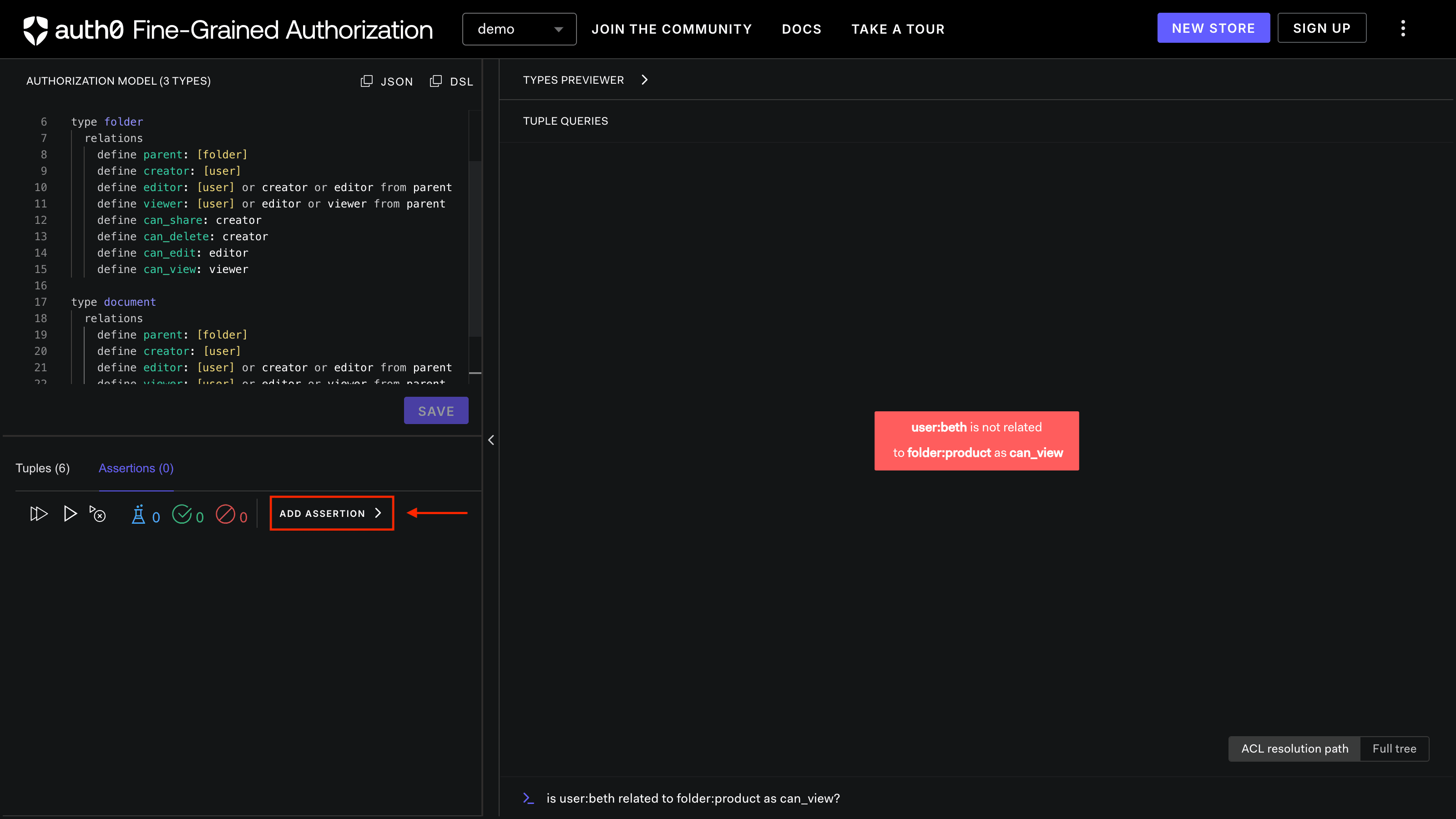 Image showing the FGA Playground add assertion button