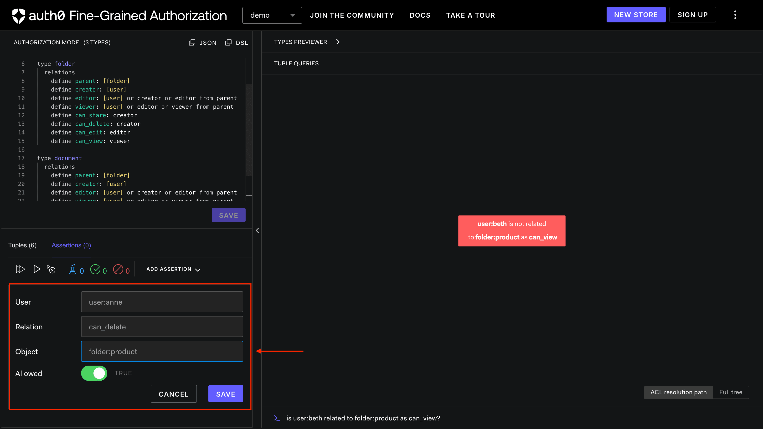 Image showing the FGA Playground assertion true relationship