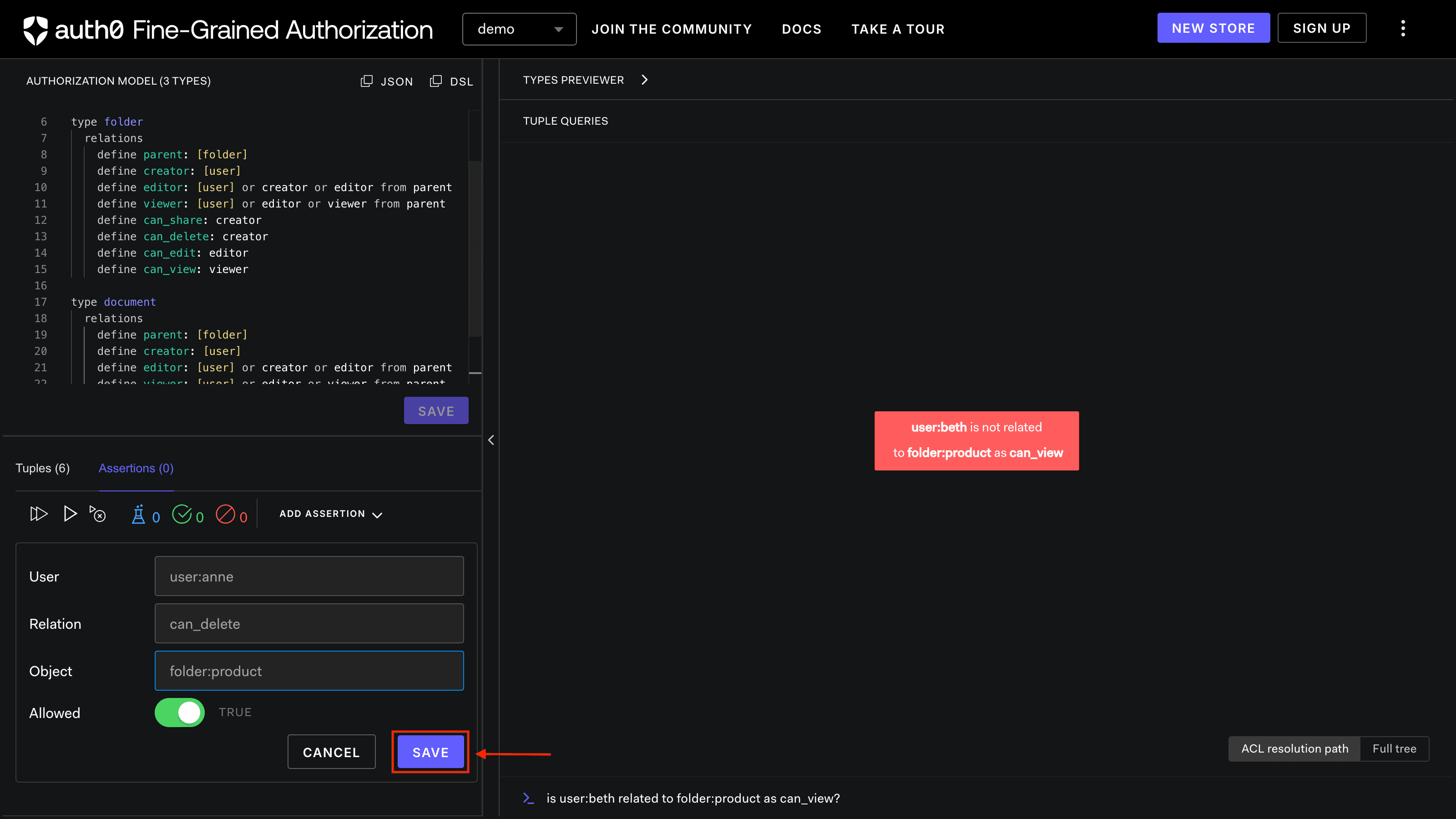 Image showing the FGA Playground assertion being saved