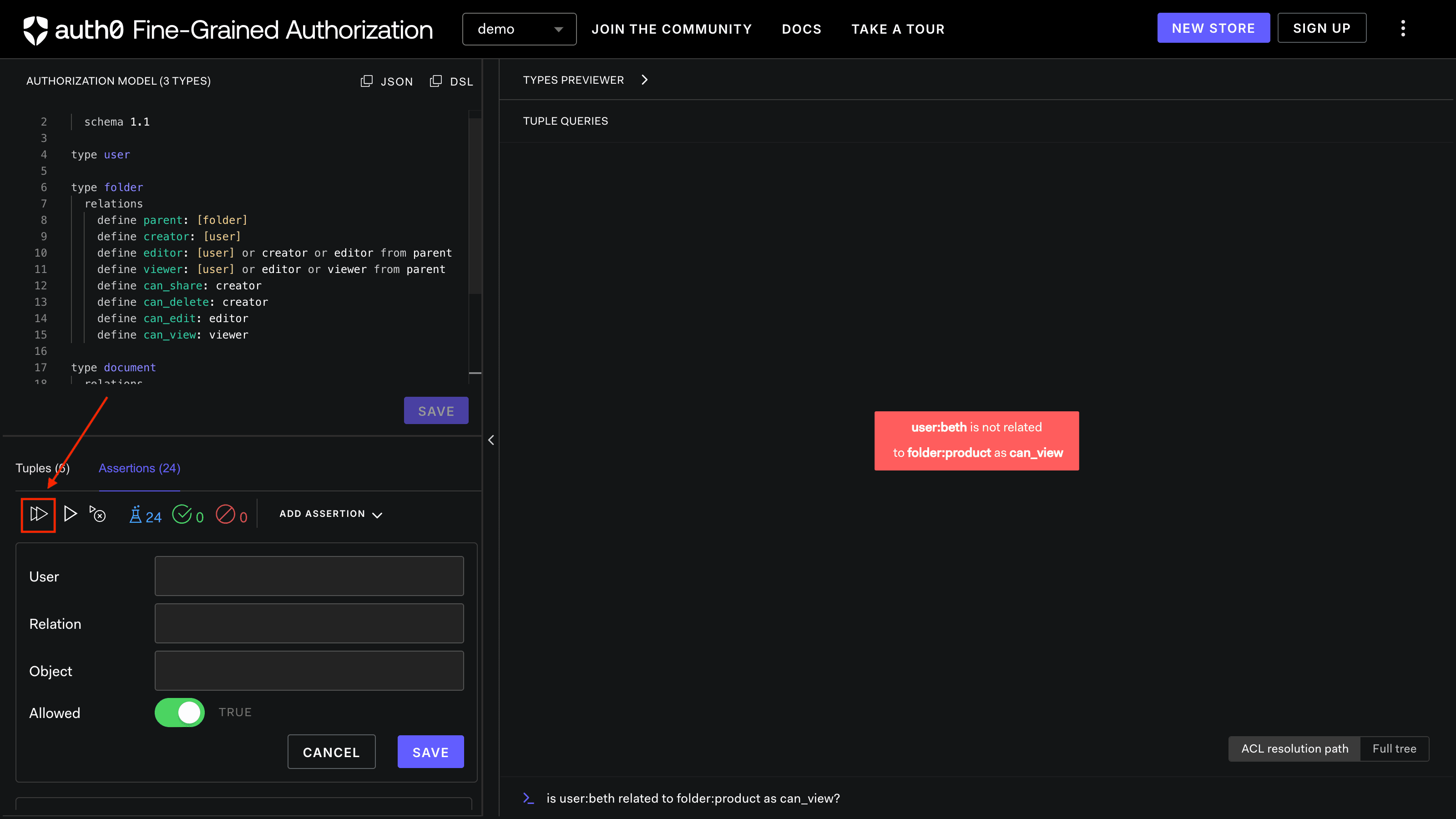 Image showing the FGA Playground assertion run all tests button