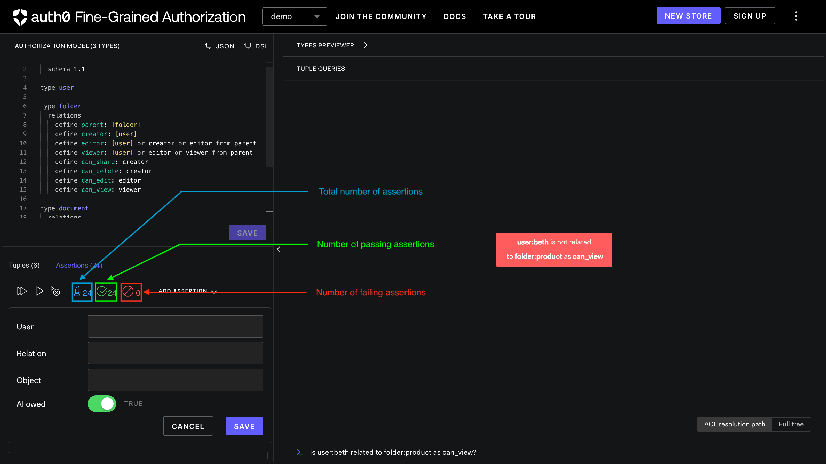 Image showing the FGA Playground assertion results