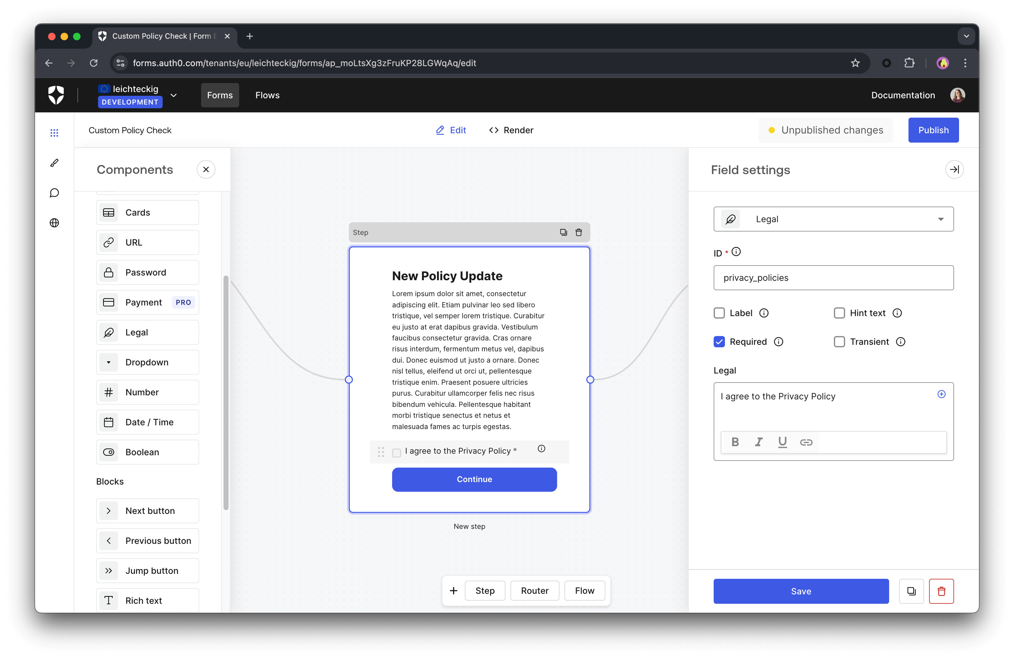 Step Node with custom policy in it