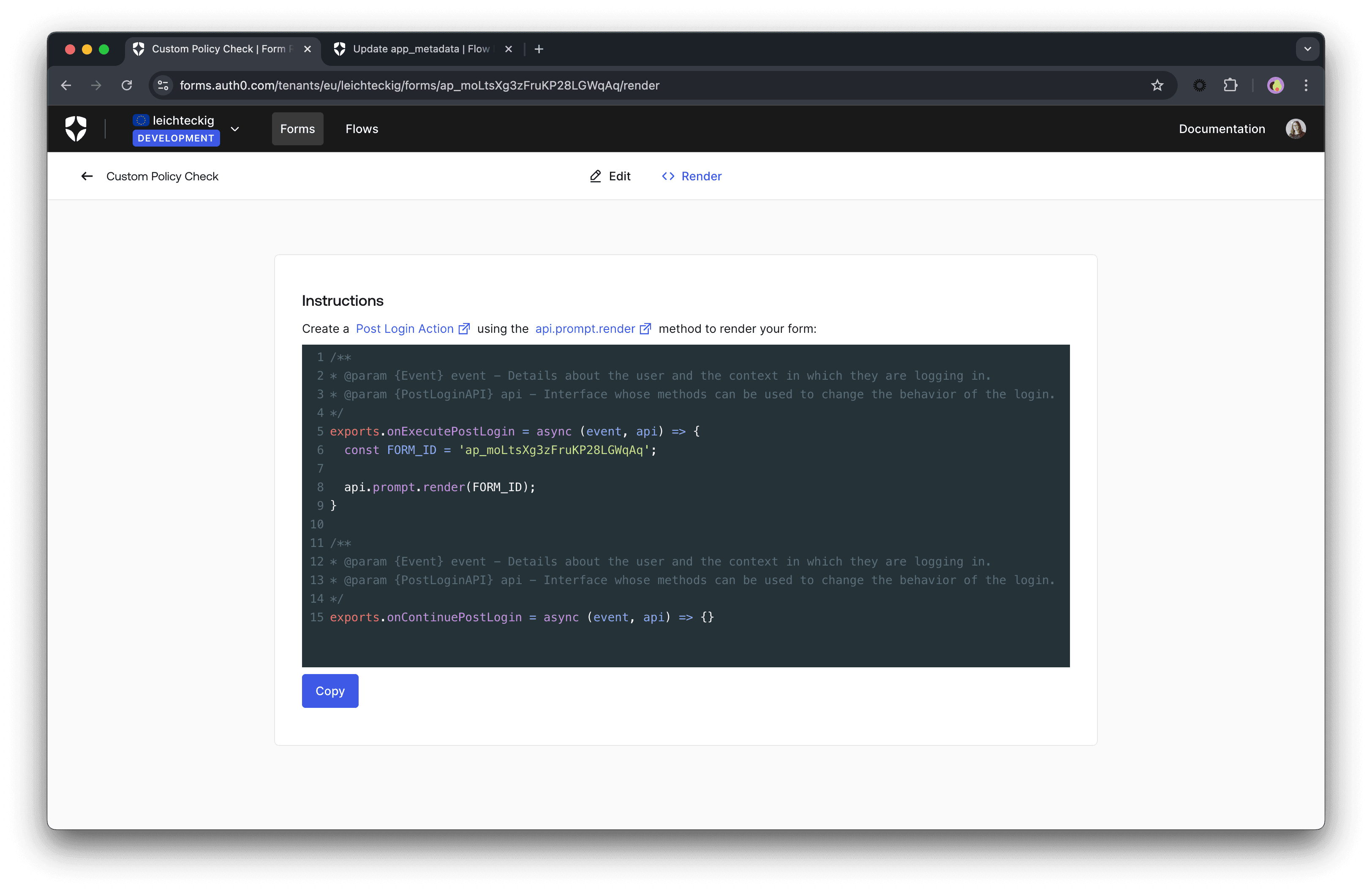 Render code of your form