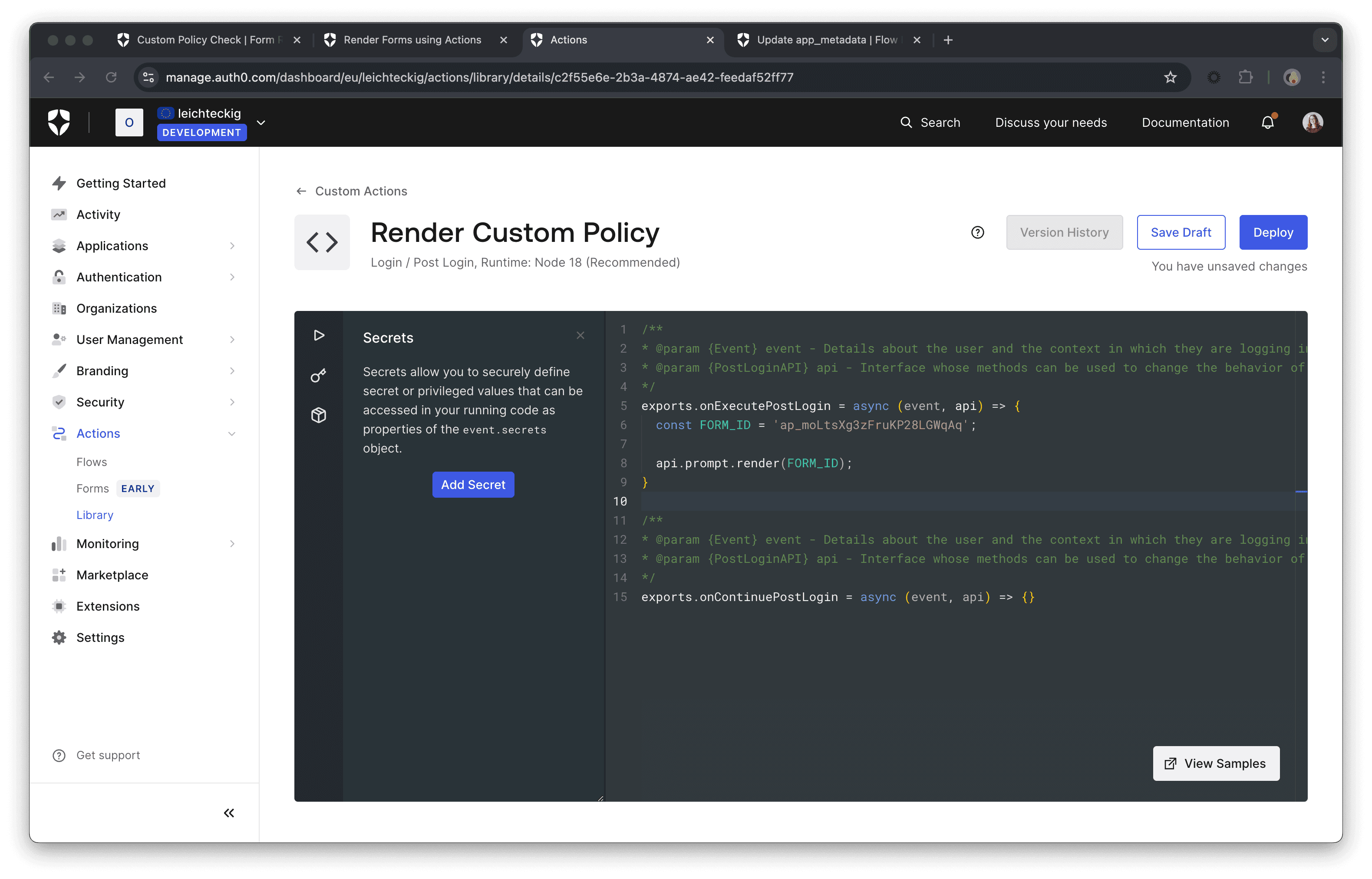Code Editor of Auth0 Actions