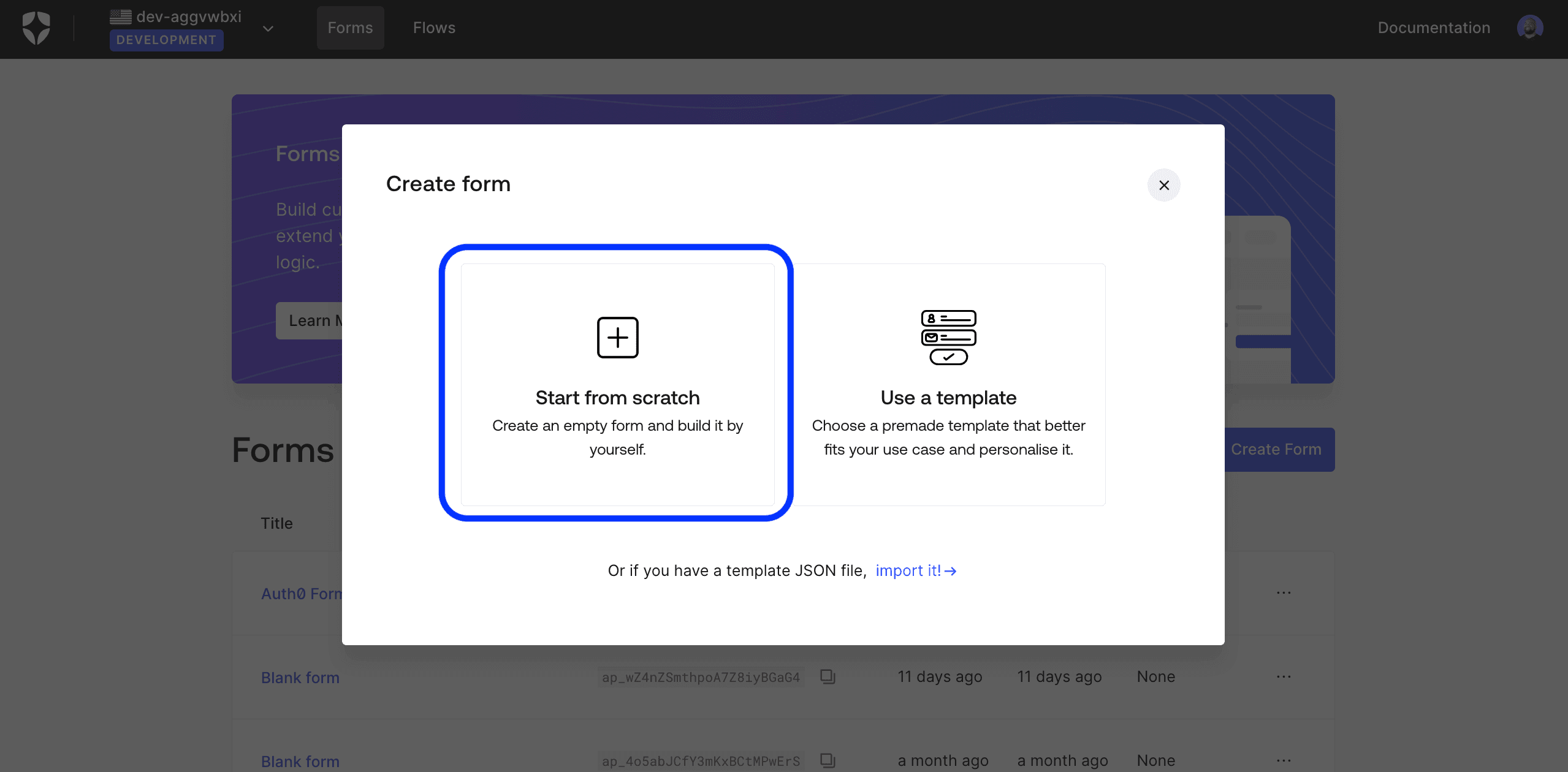 Auth0 Forms Create Form modal