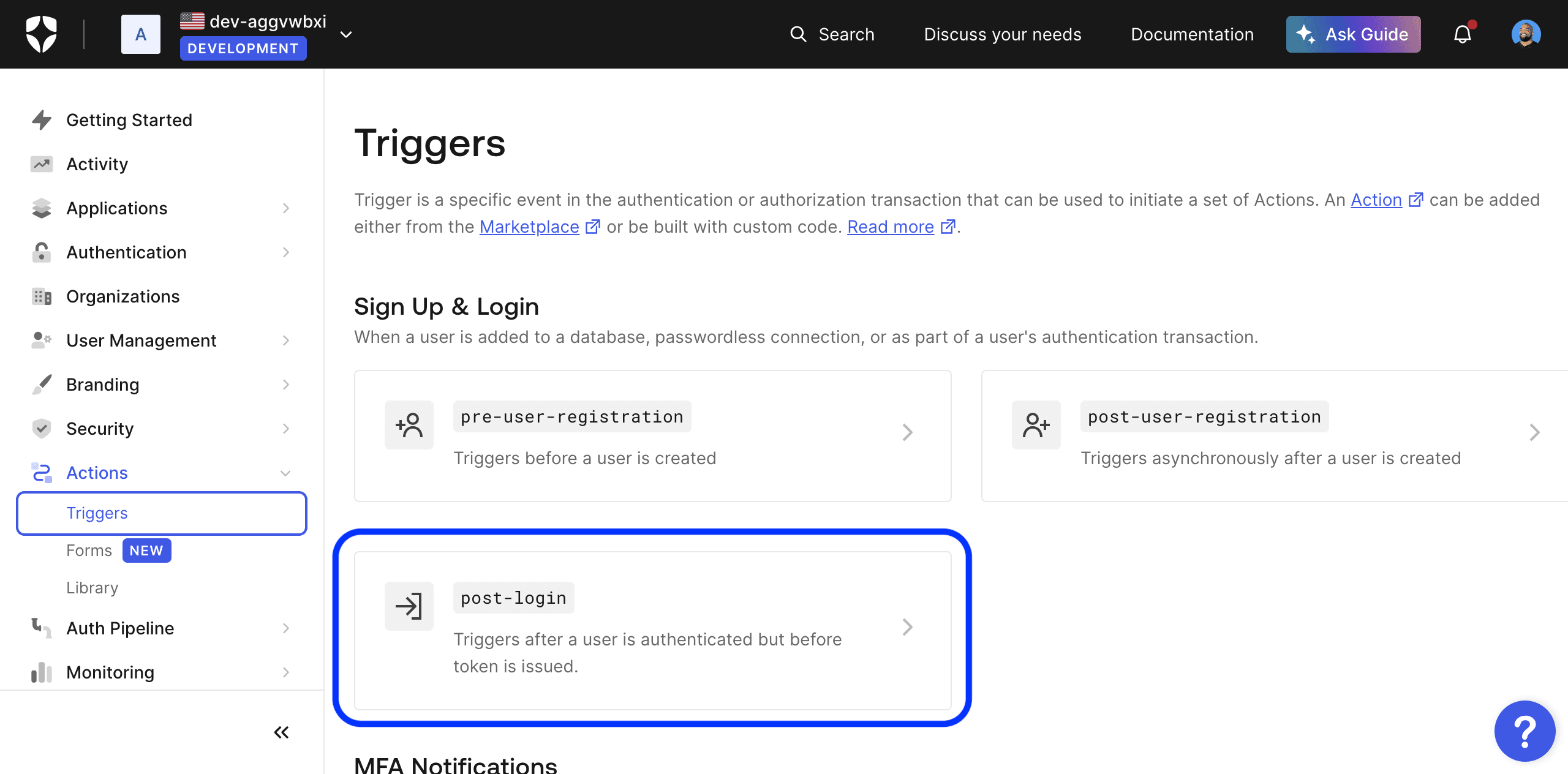 Auth0 Actions Trigger Page