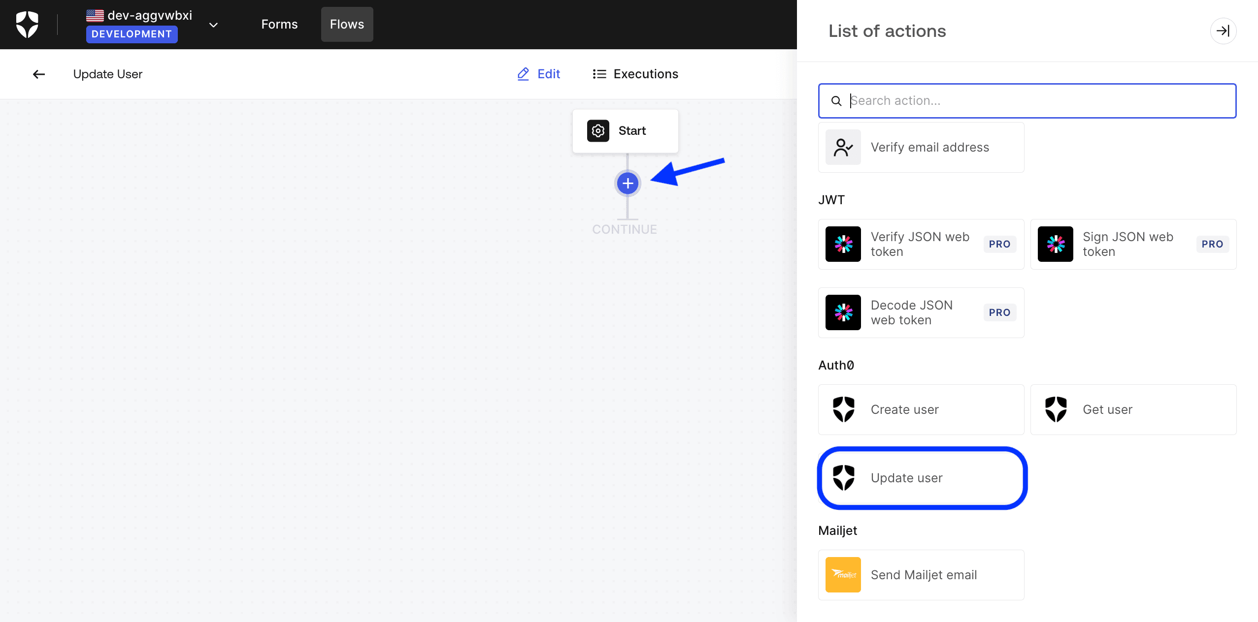 Auth0 Forms List of Action in Flow Editor