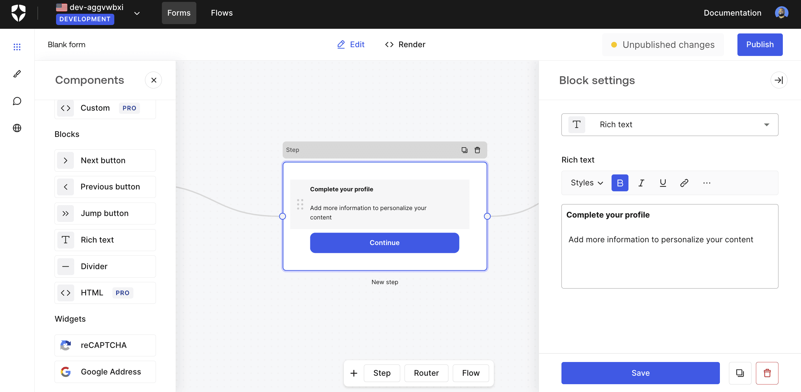 Rich text block settings