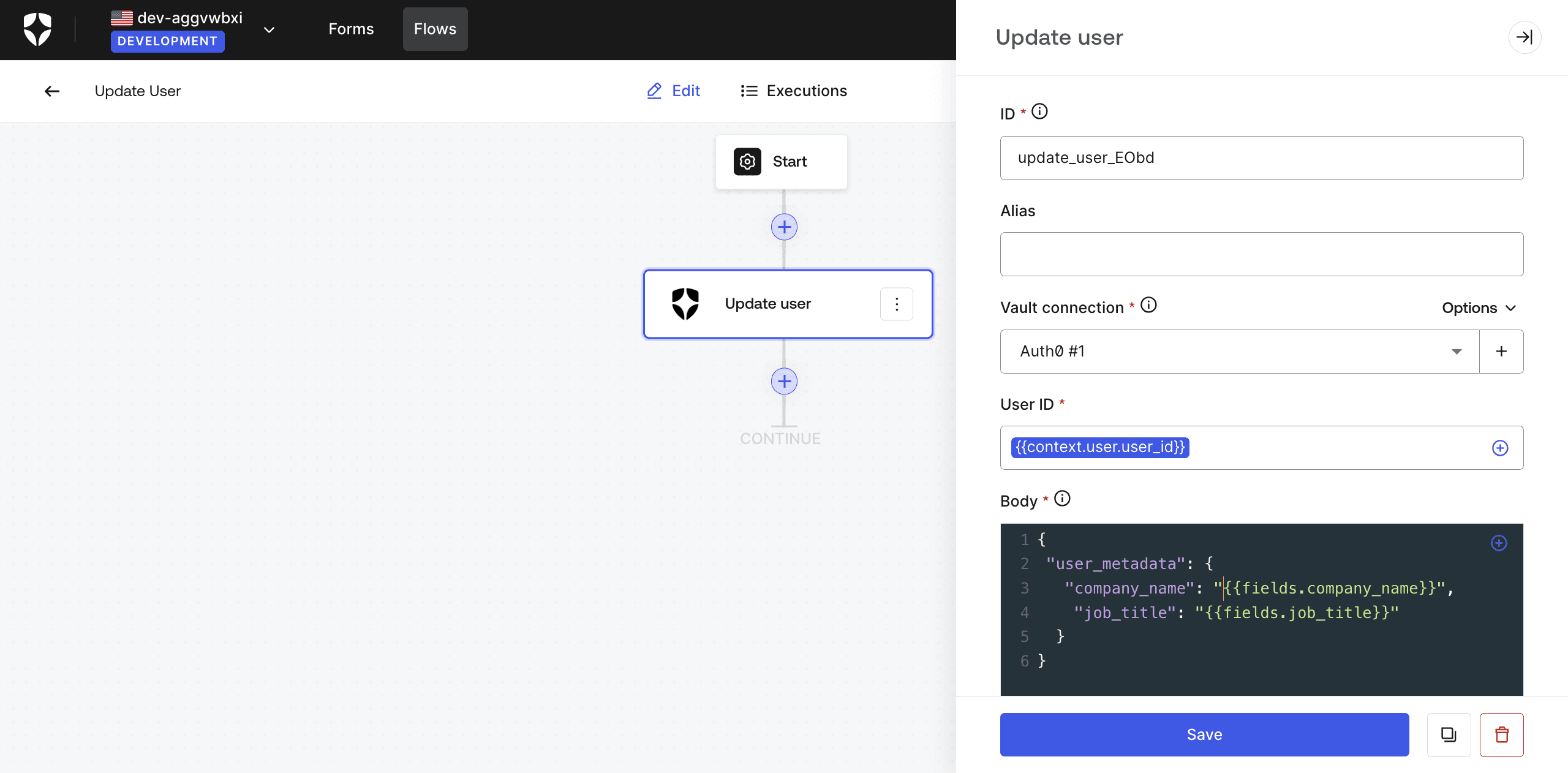 Auth0 Update user flow action completed