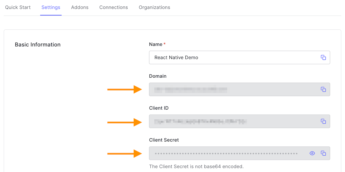 The Auth0 domain, client id, and client secret values are available in the settings tab of your Auth0 application